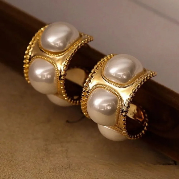Anthropologie Jewelry - Vintage Gold Pearl Hoop Earrings
